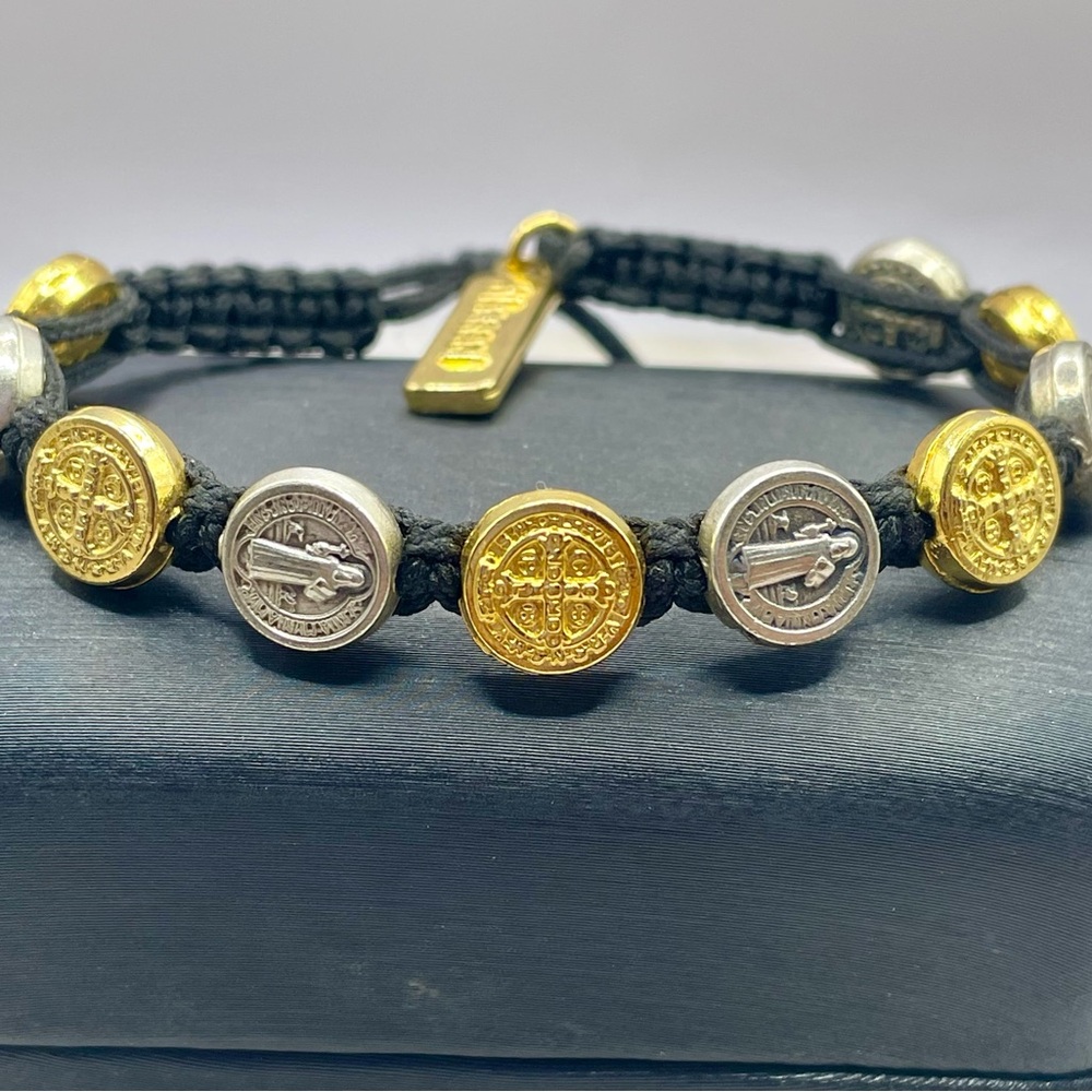 St Benedict Gold and Silver Medallion Protection Bracelet. Adjustable